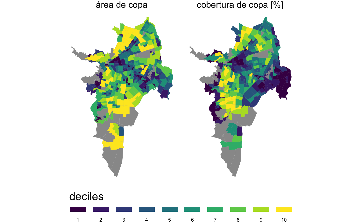 Sectores urbanos de las variables dependientes sobre cobertura de copa