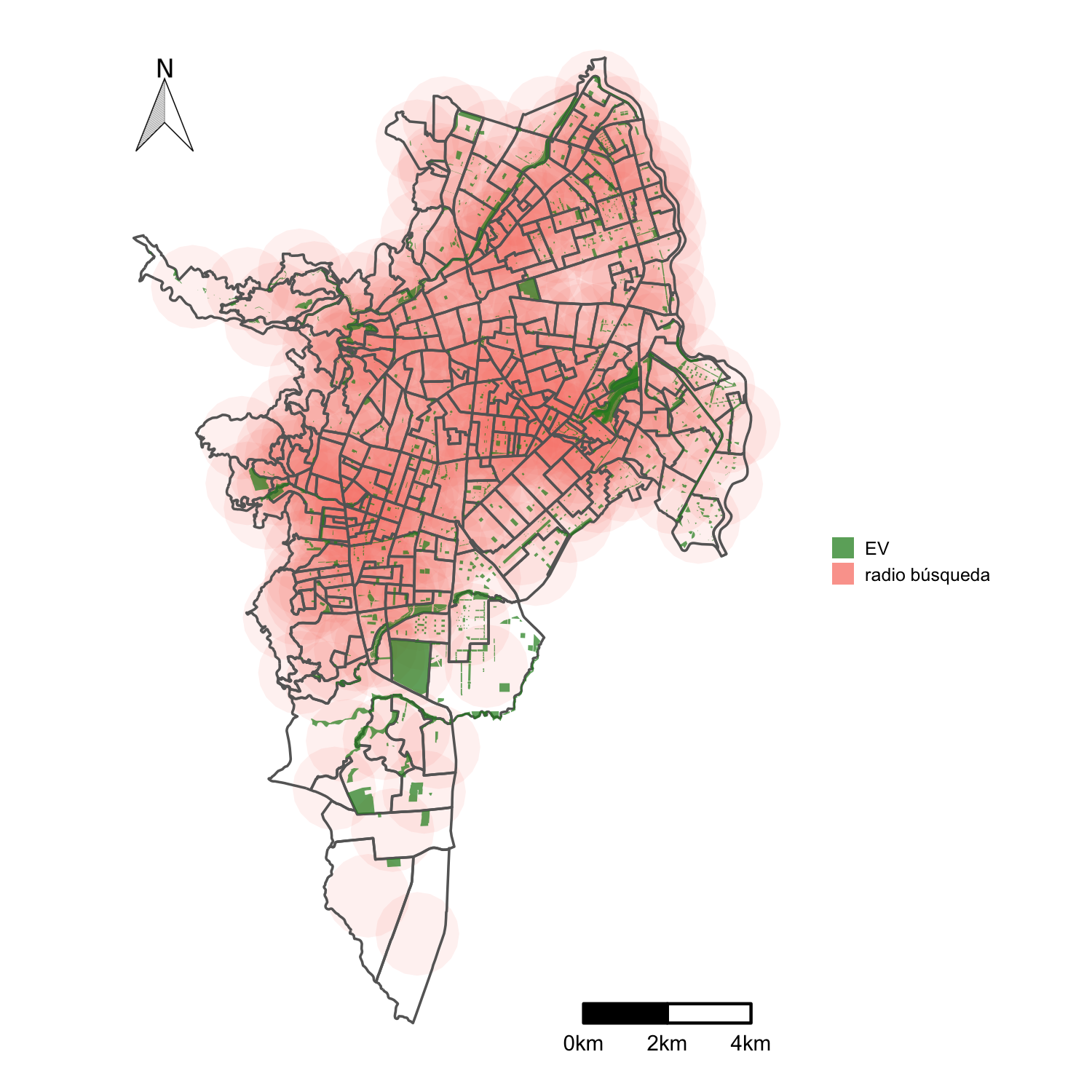 Espacios verdes y radio de búsqueda de 1 km desde los centriodes del SU