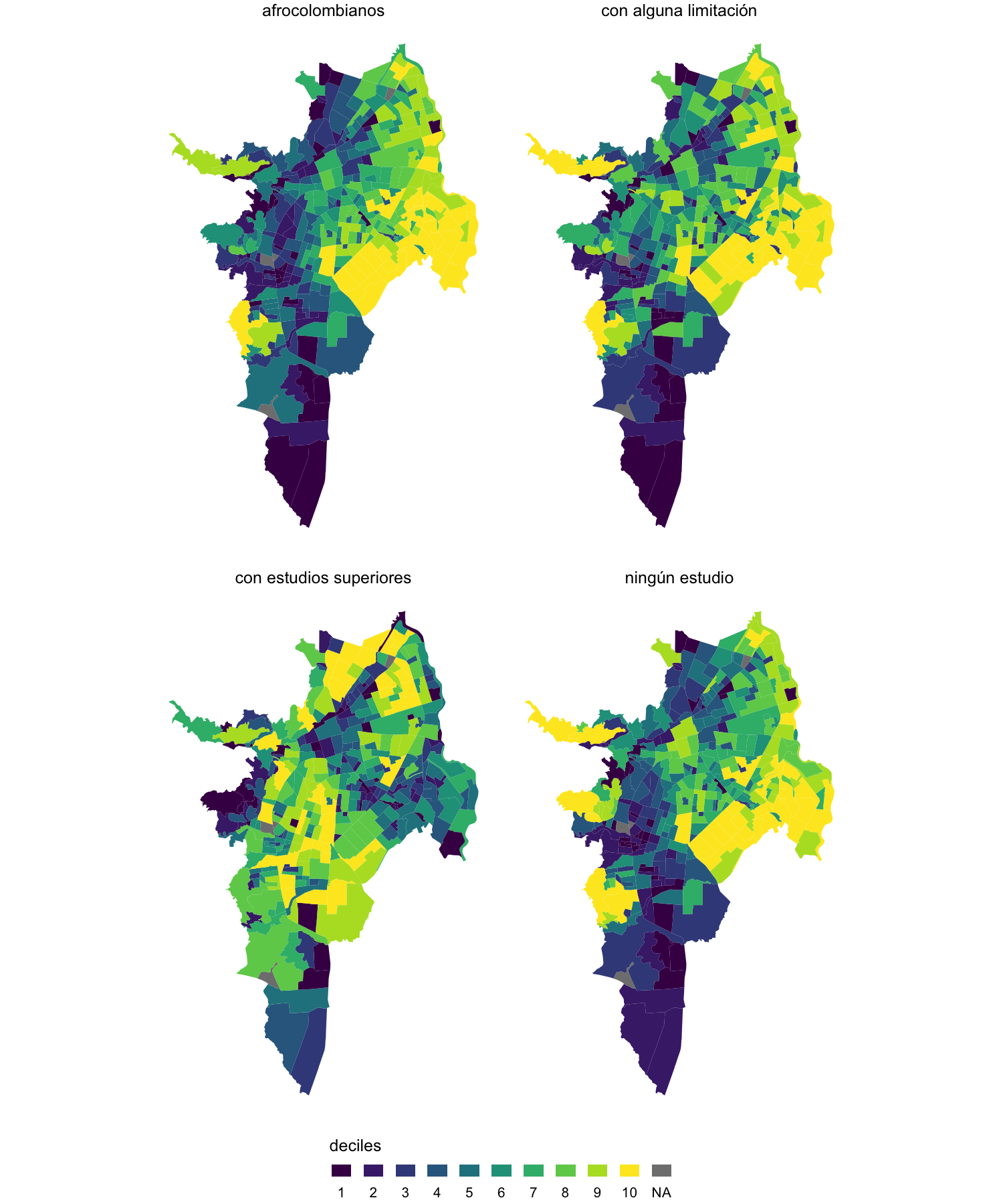 Mapas de las variables de población seleccionadas (en deciles).