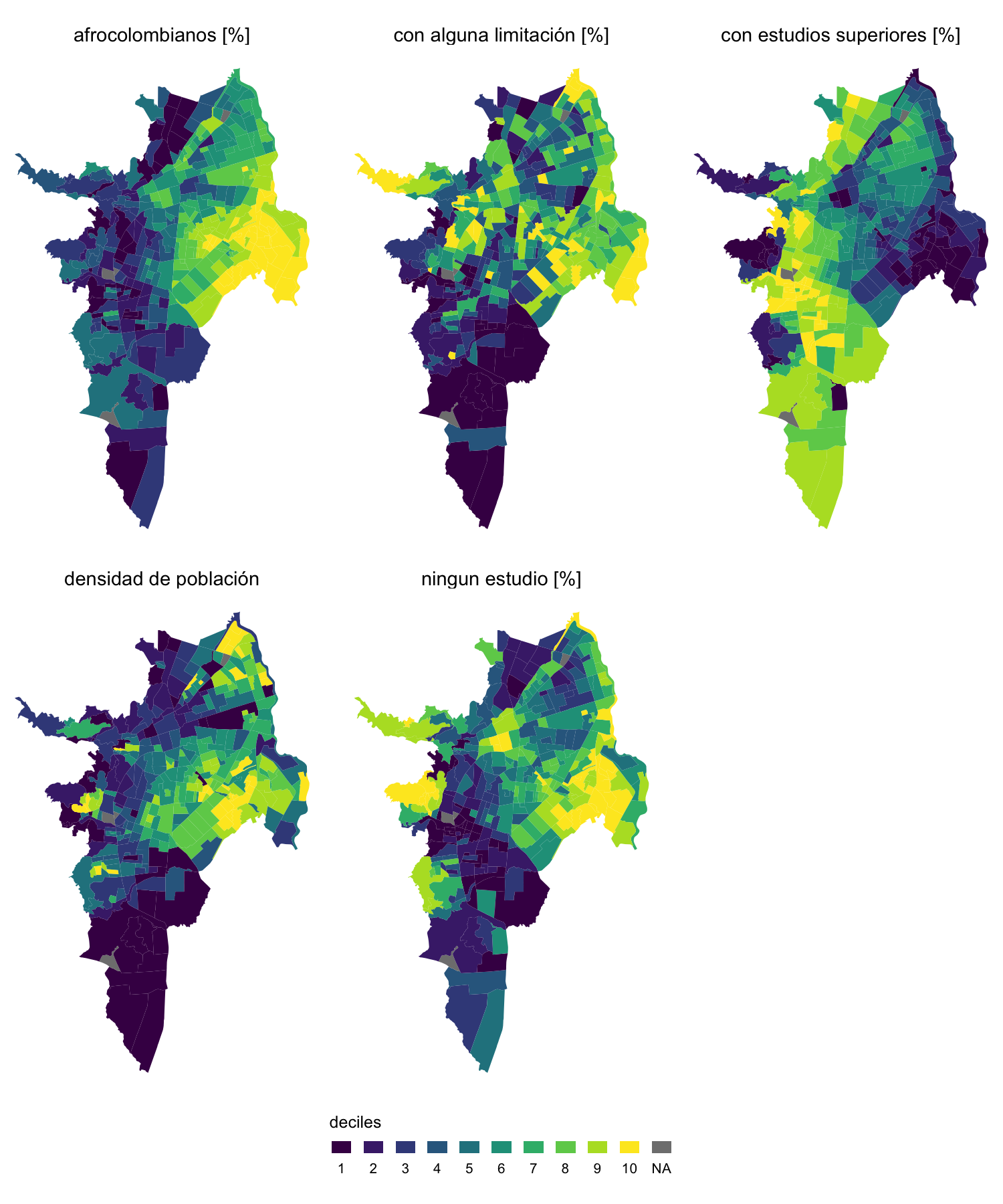 Mapas de las variables de población seleccionadas como porcentajes (en deciles)