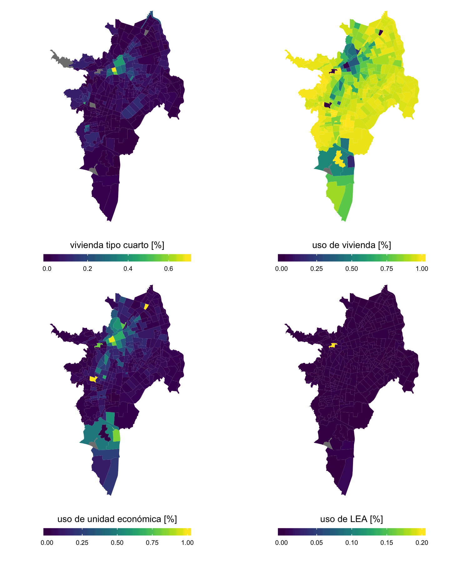 Mapas de las variables sobre el tipo de uso de los predios como porcentaje de la cantidad de predios (escala contínua)